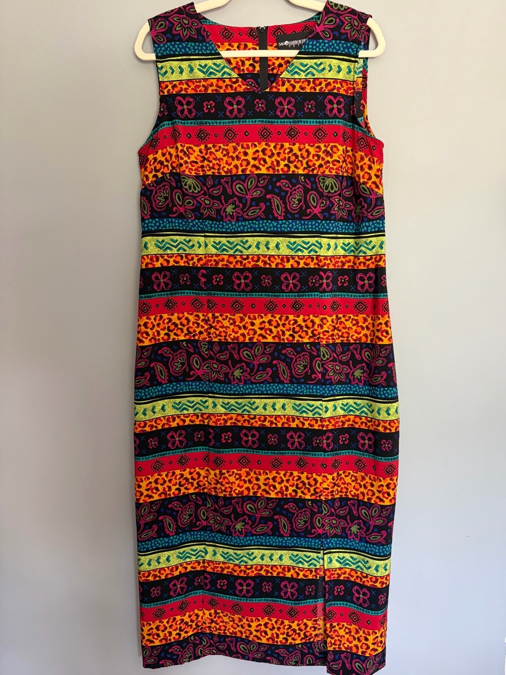 Y2K Sag Harbor Maxi Dress Size 14P Colorful Stripe Floral Mix Print Front Slit
